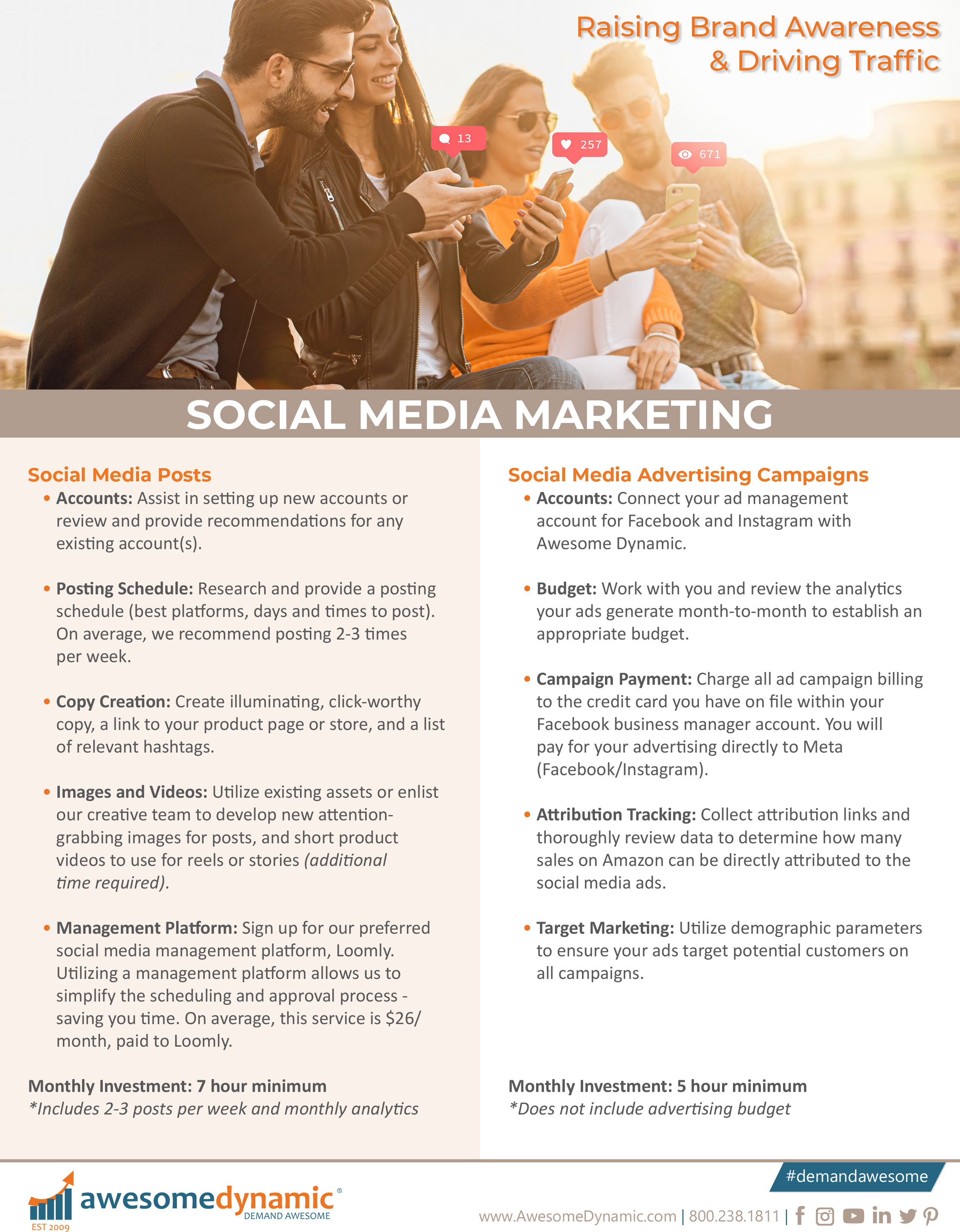 Social Media Marketing with Awesome Dynamic - Services Page with information on social media management and advertising