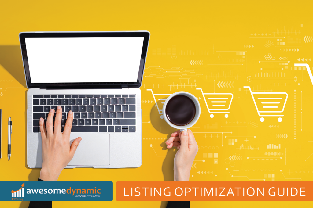 Amazon Product Listing Optimization Guide on laptop, womans hand holding cup of coffee