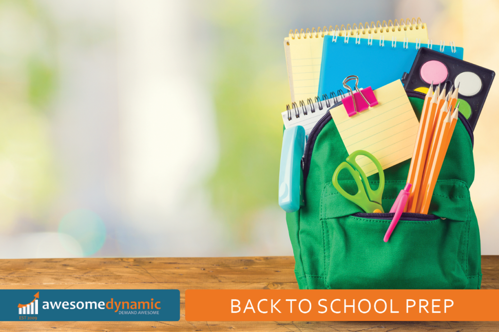 Back to school backpack filled with school supplies on desk