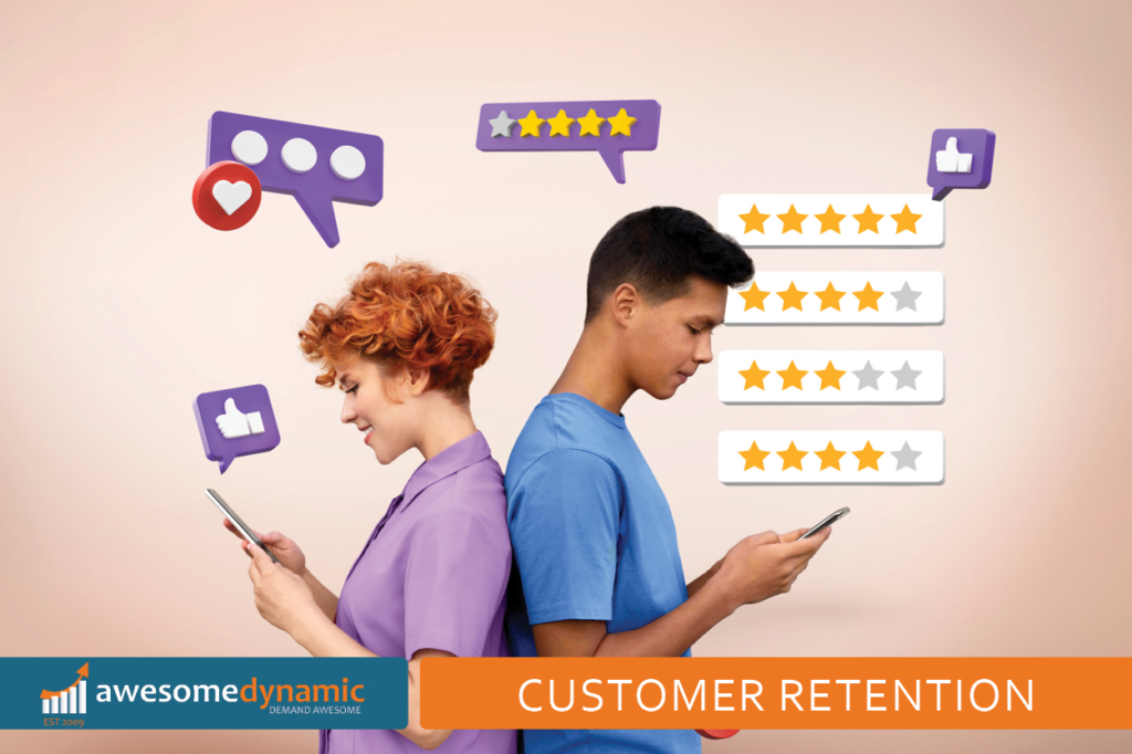 Increase customer retention, female and male standing back to back looking at phones with hearts, star ratings and comment bubbles about customer experience in background