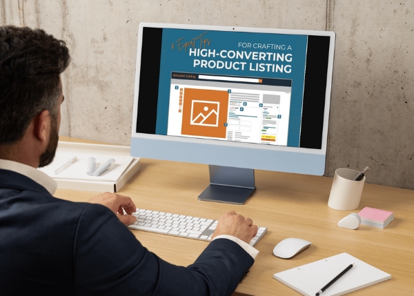 Male in suit working on desktop computer viewing infographic from Awesome Dynamic about tips to craft a high converting Amazon product listing
