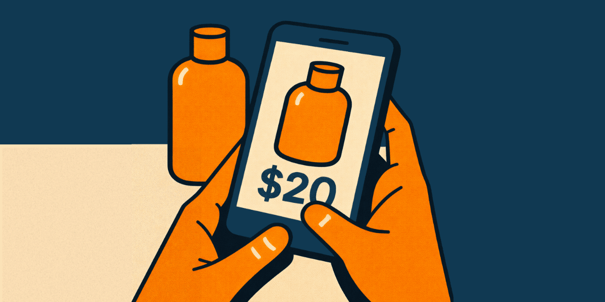 Illustration of a shopper using a smartphone to view a $20 product bottle, highlighting Mobile Optimization and how Visual Search helps customers compare items instantly.