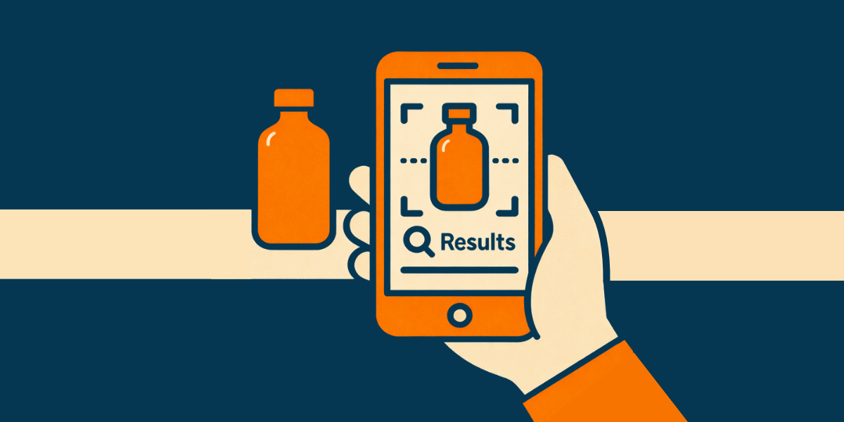 Hand holding a smartphone scanning a bottle to generate product results, demonstrating Visual Search technology and the importance of Mobile Optimization for seamless product discovery.