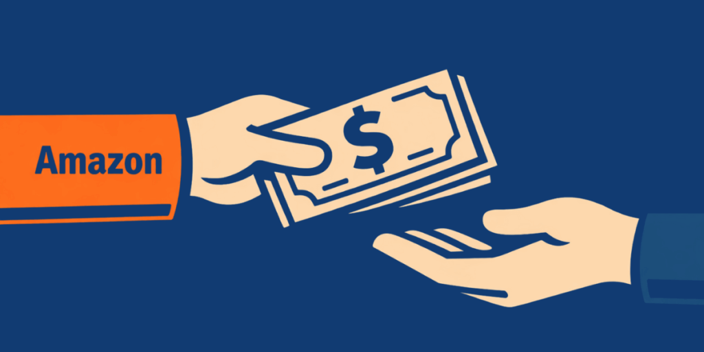 A hand labeled “Amazon” extending a stack of dollar bills toward an open receiving hand, symbolizing Amazon payouts, revenue flow, or money transferring from the platform to a seller. The design uses a dark blue background with beige hands and bold orange accents for a clean, infographic-style visual.